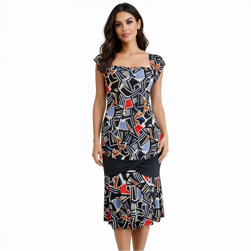 Diane Von Furstenberg DVF Silk Blend Geometric Print Drop Waist Dress Size 2.